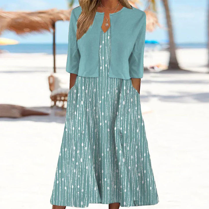 Mary™ | Unique Blue Plant Print Midi Dress With Jacket
